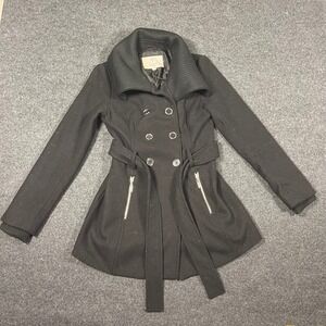 GUESS Womens Black Double Breasted Belted Pea Coat Ribbed Collar XS